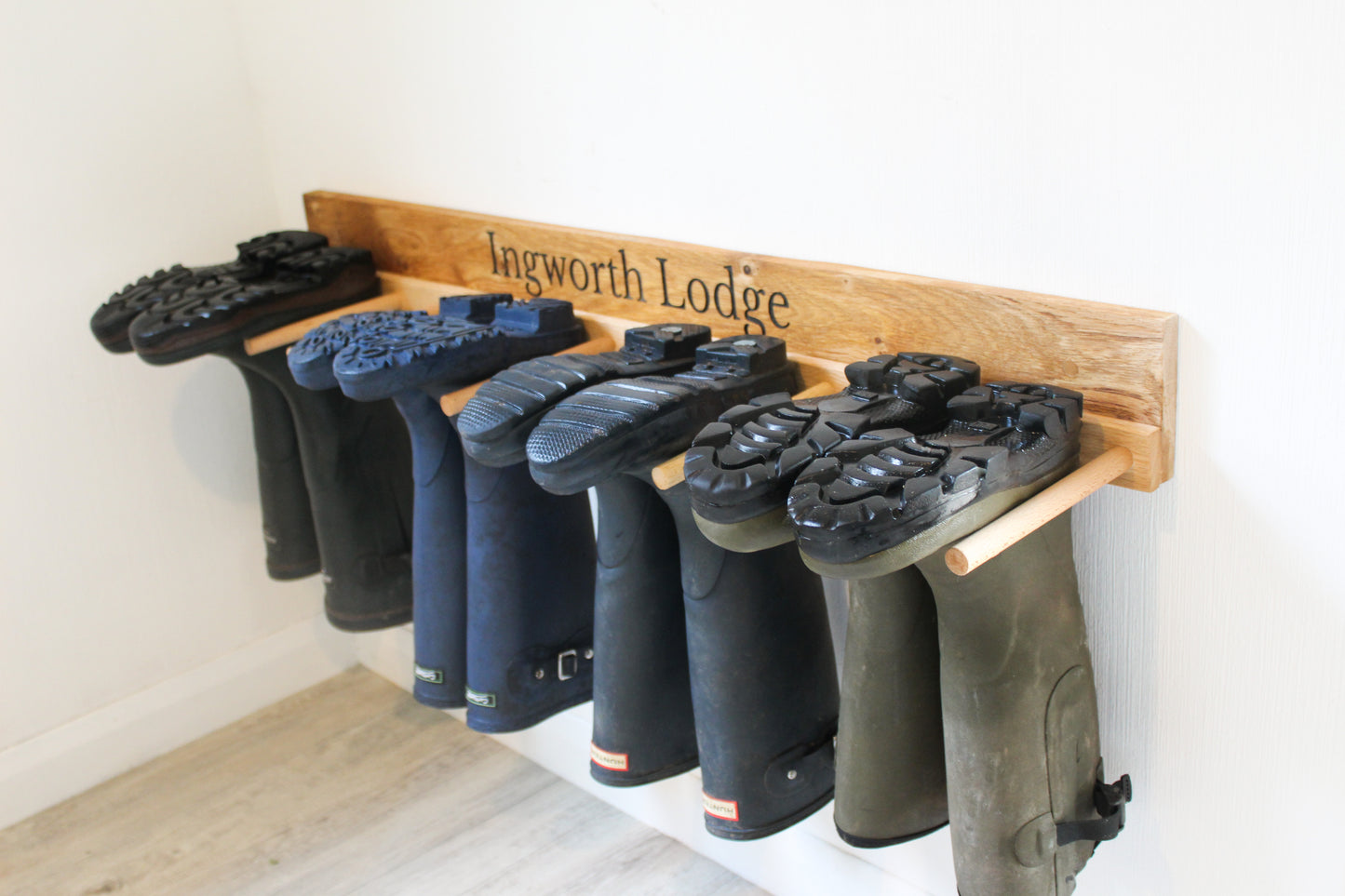 Wall - Mounted Wooden Engraved Boot and Welly Rack