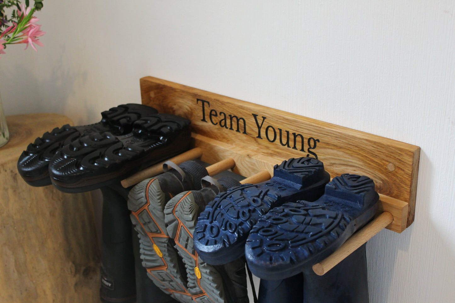 Wall - Mounted Wooden Engraved Boot and Welly Rack