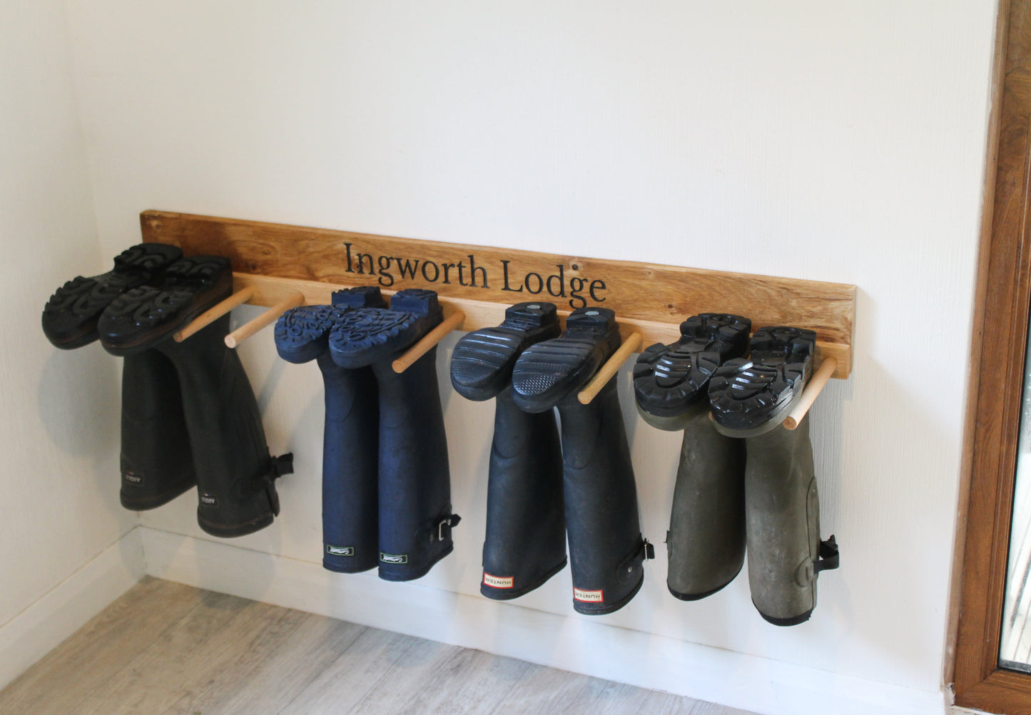 Wall - Mounted Wooden Engraved Boot and Welly Rack