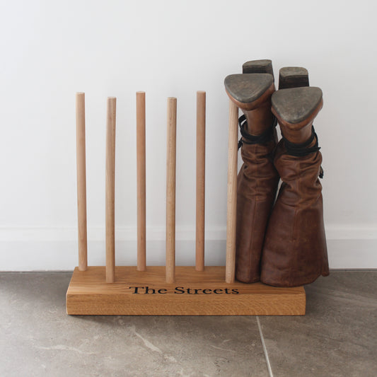 Wooden Engraved Boot and Welly Floor Rack | Family Shoe Holder