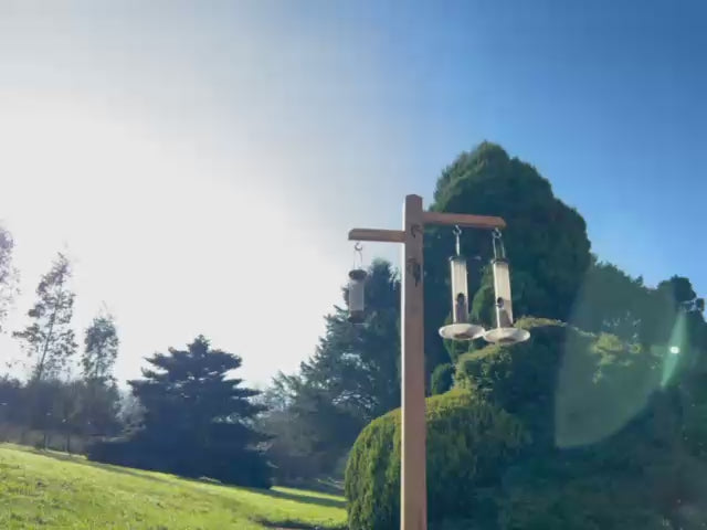 wooden bird feeder with blue sky behing