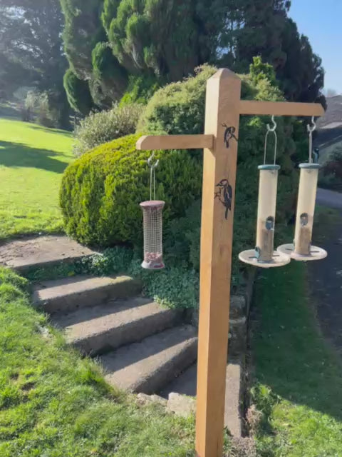 wooden bird feeder with blue sky behing